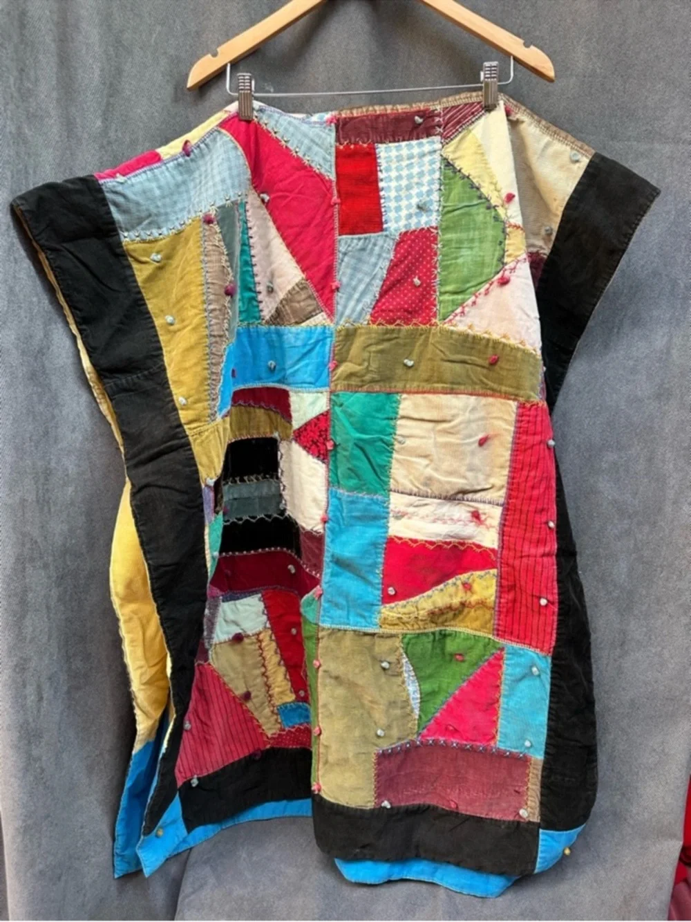 Vintage Corduroy Crazy Quilt bed runner Embroidery 33”x82” Primitive